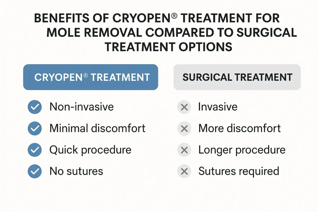 Table to show the benefits of getting moles removed Kew from LA LIPO