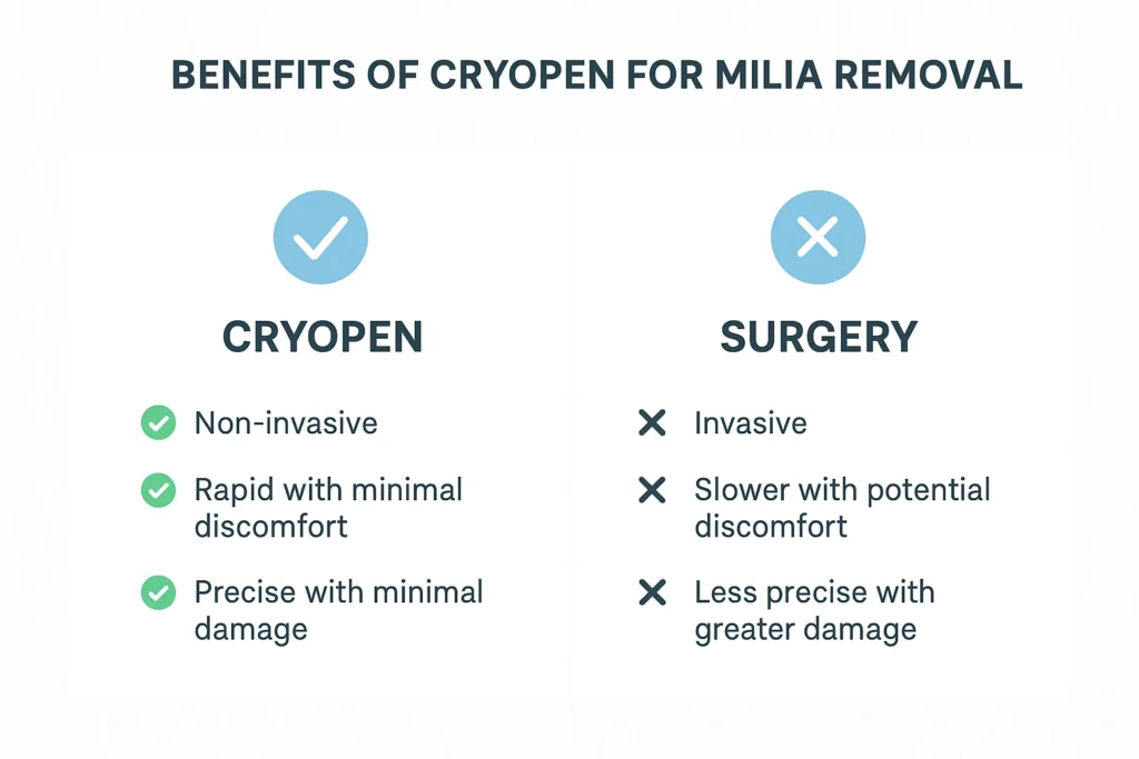 Benefits of cryopen for milia removal Kew compared to surgical treatments.