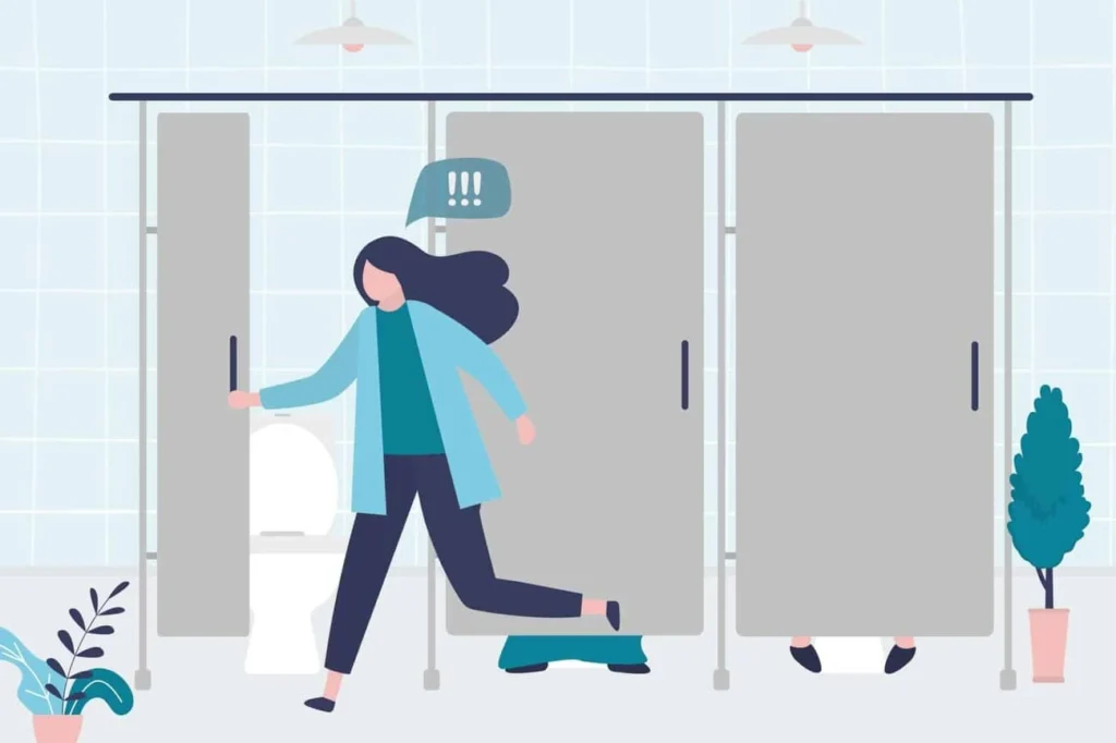 graphic of Urine incontinence Kew woman running to the toilet.