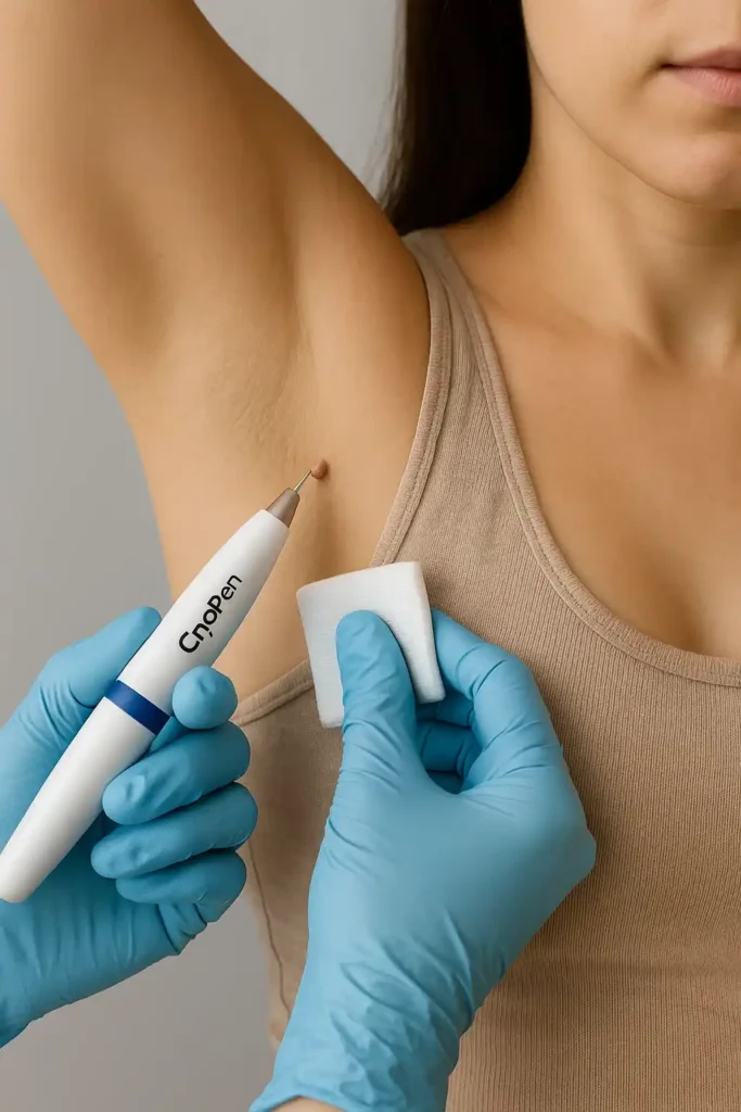 woman having cryopen to remove underarm skin tags Kew