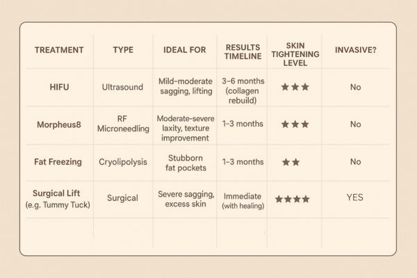 Table showing the comparisons of Skin tightening Kew treatment options.